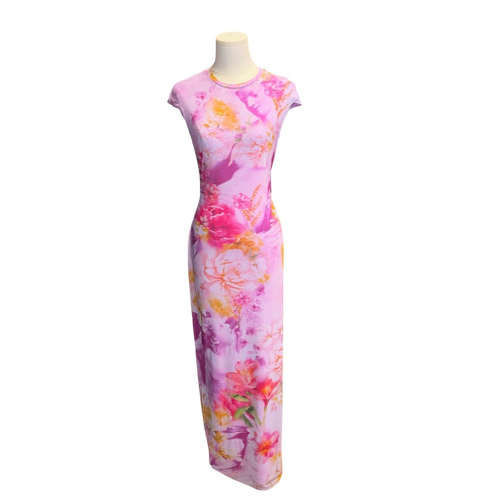 AFRM Zadie Pink Floral Cherub Mesh Maxi Dress Cap Sleeve Womens M